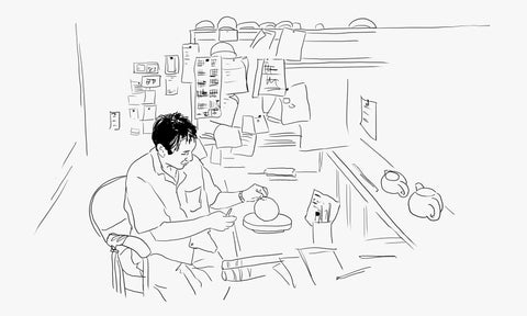Line illustration of ceramicist Keisuke Iwata in his studio