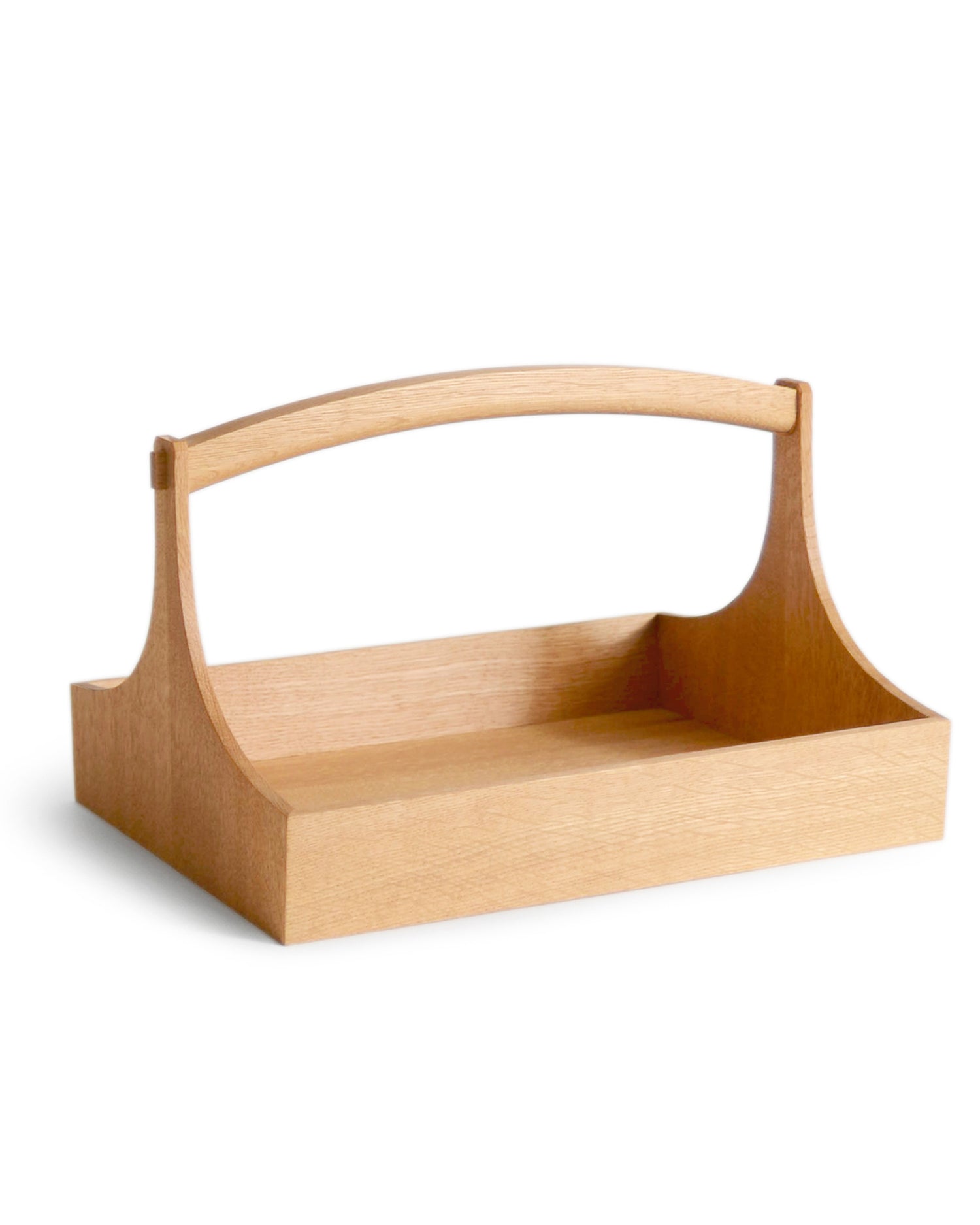 Large wooden table caddy by Aizawa with short handles on a white background
