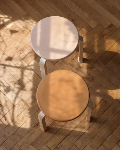 Up-side view of new and aged stool with shoes by Artek and Hender Scheme