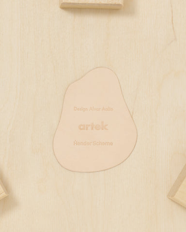 Up-close of backside of stool with shoes by Artek and Hender Scheme on a gray background