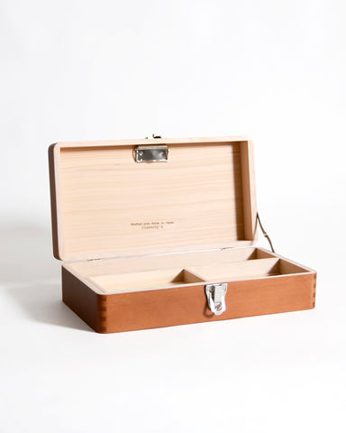 Opened Tsuga Wood Toolbox by Classiky on a gray background