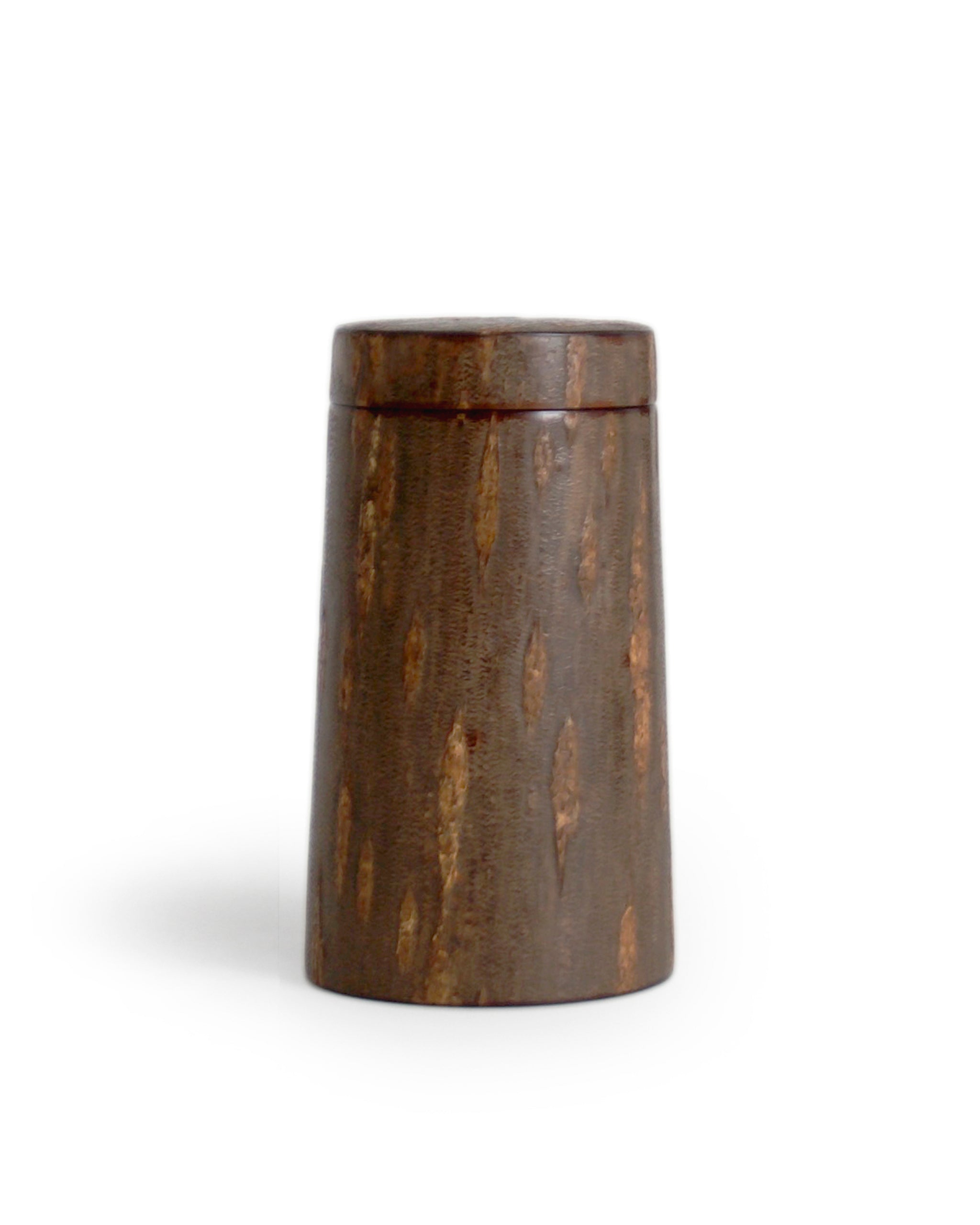 Wooden cylindrical coffee container by Denshiro on a white background