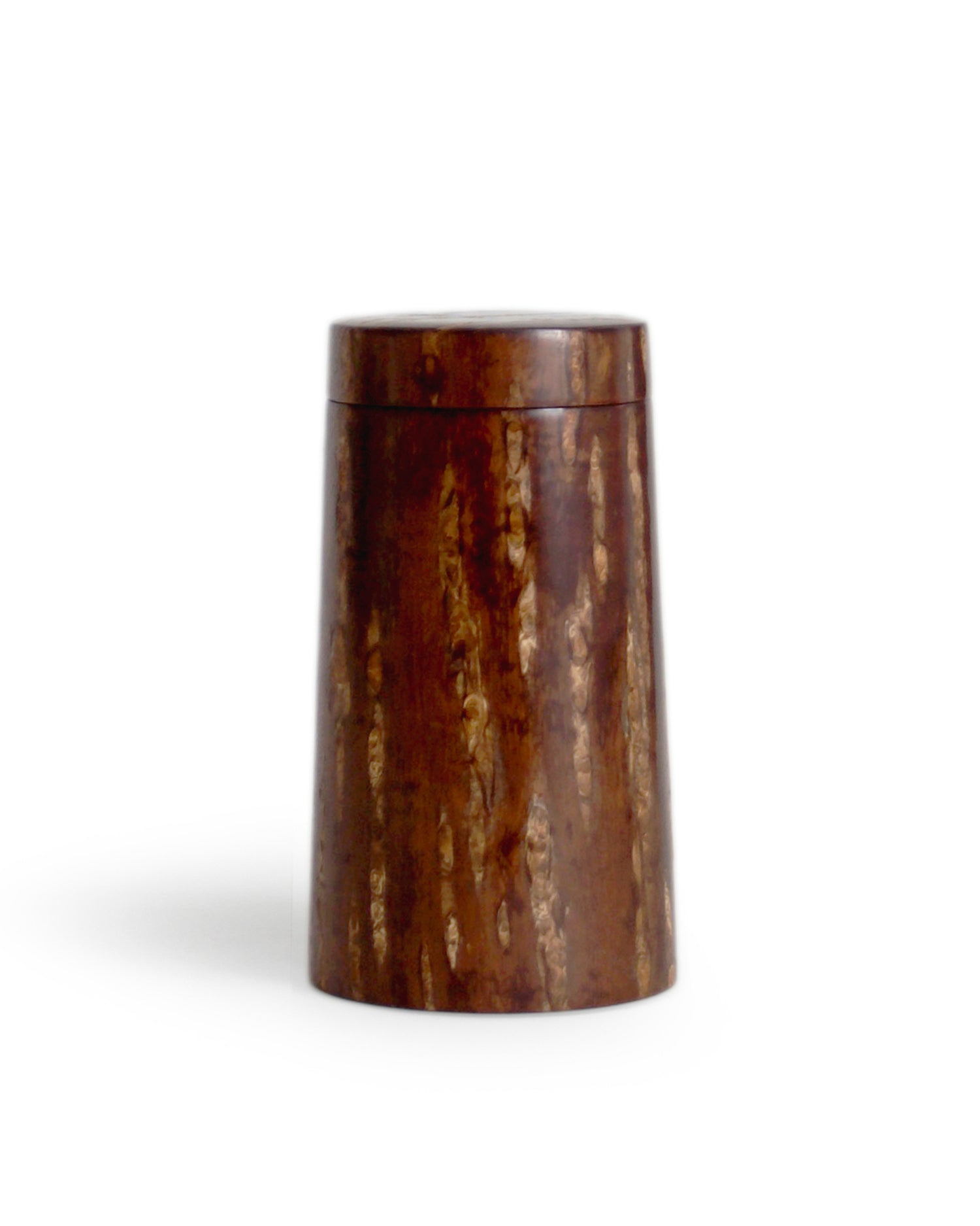 Wooden cylindrical coffee container by Denshiro on a white background