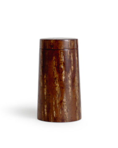 Wooden cylindrical coffee container by Denshiro on a white background
