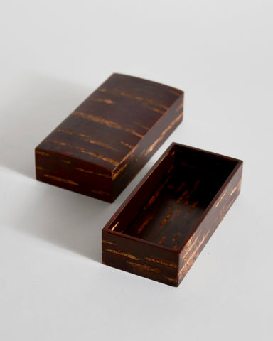 Opened rectangular smooth wooden box with lid side by side by Denshiro on a white background