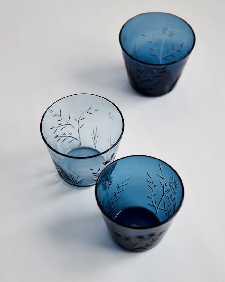 Top view of three reclaimed blue ms.garden daily cups. Three cups have different shades of blue.