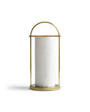 Silhouetted futagami brass towel holder holding a paper towel against white background.