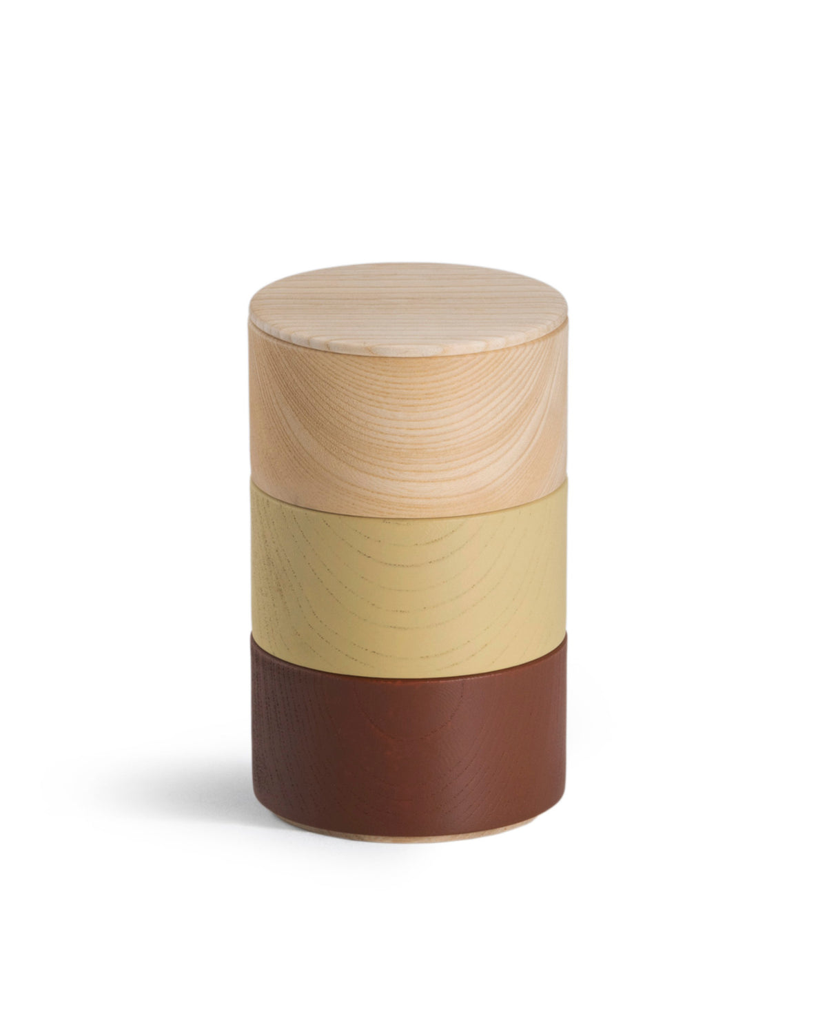 Stacked Border Three Tiered Containers in Brown, Mustard, Natural on a white background