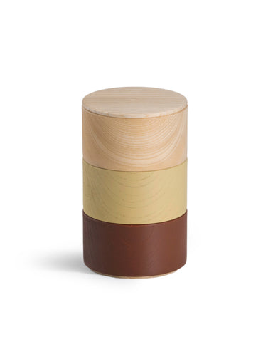 Stacked Border Three Tiered Containers in Brown, Mustard, Natural on a white background