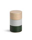 Stacked Border Three Tiered Containers in Emerald, Blue Gray, Natural on a white background