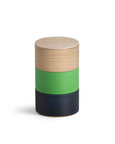 Stacked Border Three Tiered Containers in Navy, Green, Natural by Hatashikki on a white background