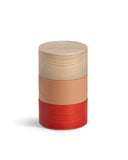 Stacked Border Three Tiered Containers in Red, Peach, Natural on a white background.