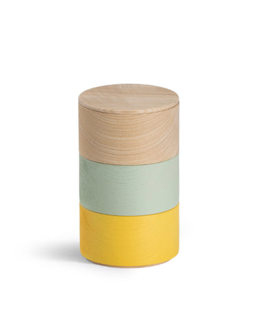 Stacked Border Three Tiered Containers in Yellow, Mint, Natural on a white background