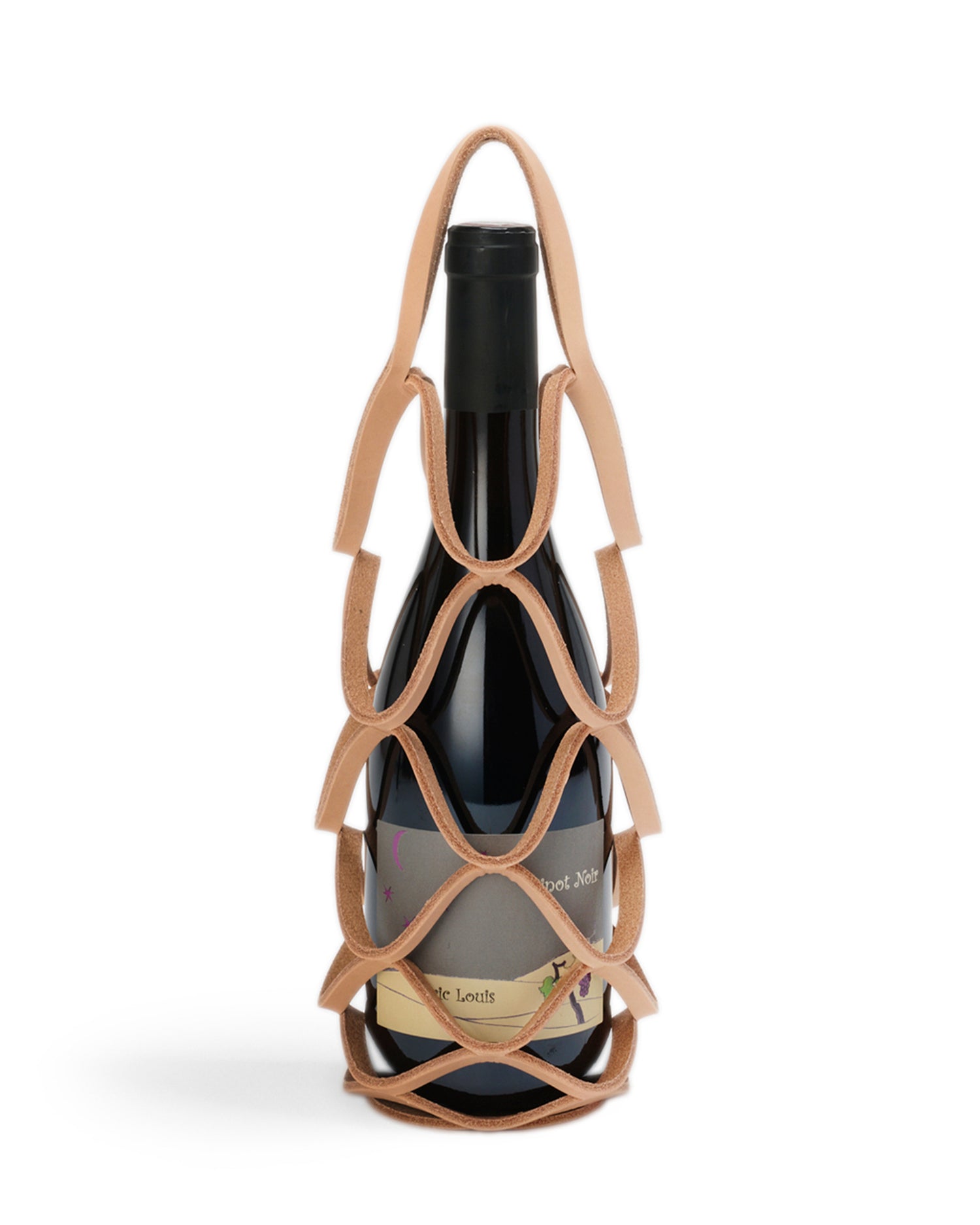 Wine bottle in wine holder by Hender Scheme with a white background