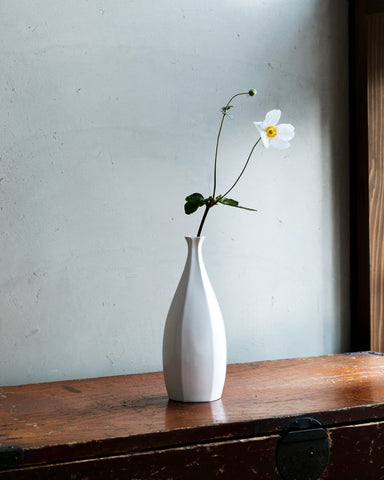 Rokkaku-bin Vase placed on top of a dark brown shelf. One stem of white flower is in the vase.