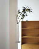 In situation image of ceramic white sculpture vase with foot with white over glaze by Masanobu Ando mounted on white wall with wildflowers and oak bookshelf in background. 