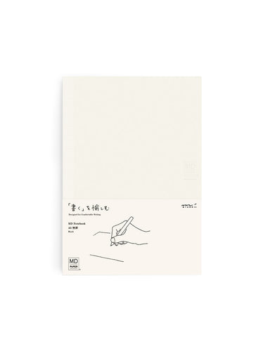 Silhouetted midori blank thick a5 notebook against white background.