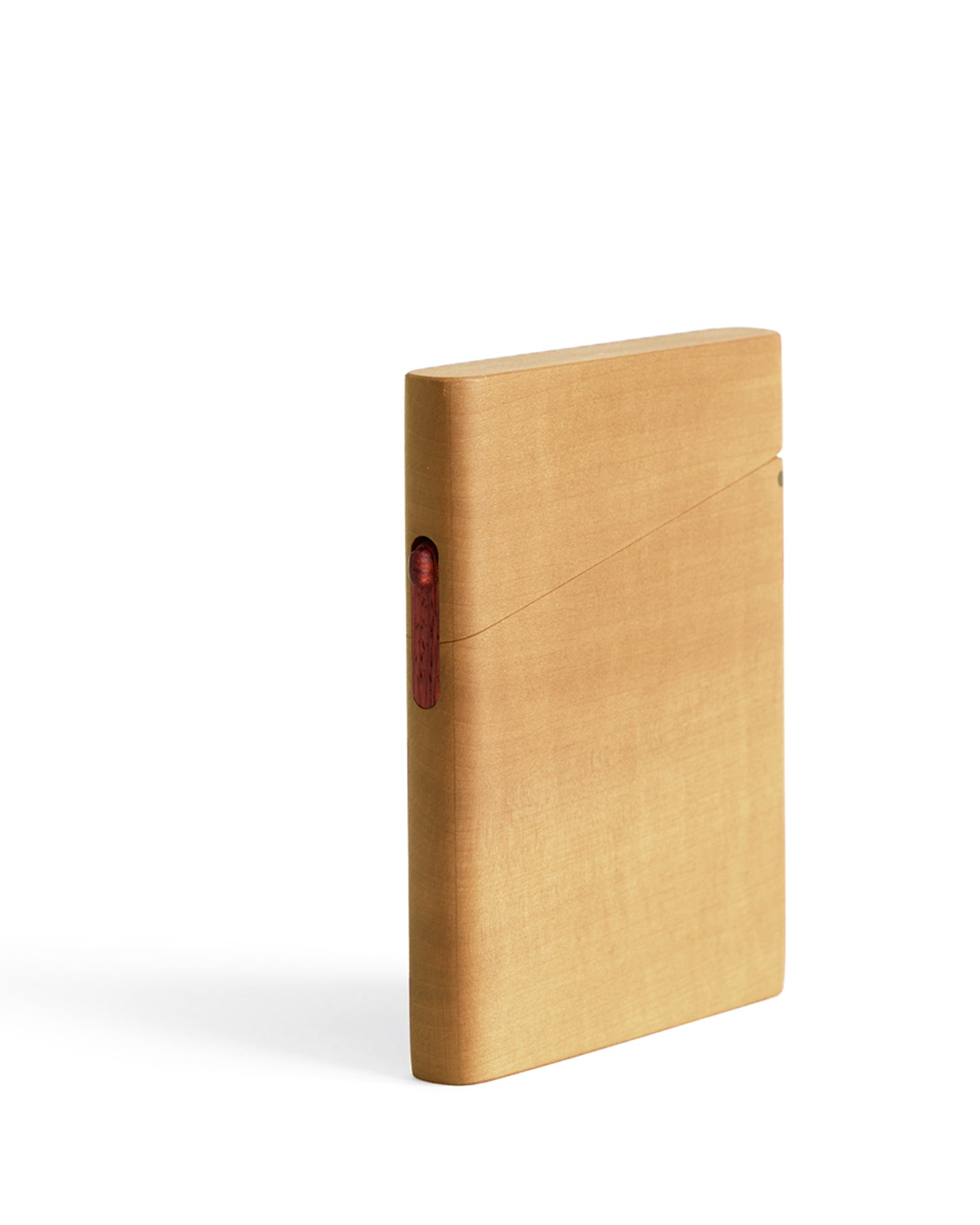 Silhouetted image of closed maple business card case by Norio Tanno against white background.