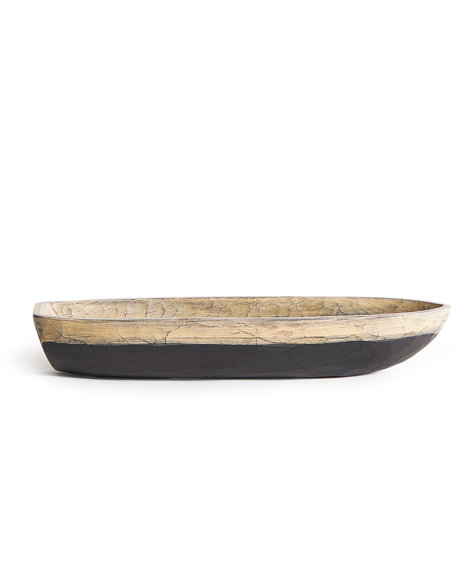Wooden boat dish with black base and beige top on a white background