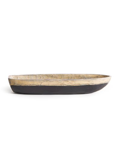 Wooden boat dish with black base and beige top on a white background