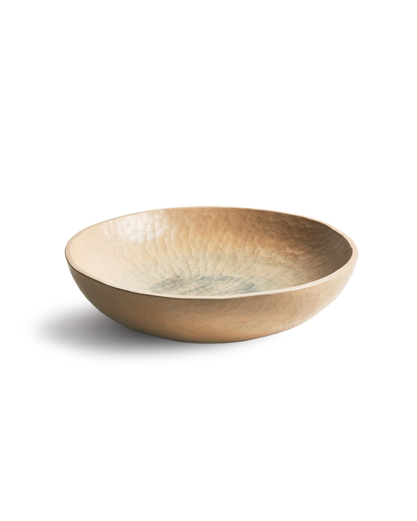 Zoomed out front view of Large White Urushi Walnut Carved Bowl by Ryuji Mitani against white background.