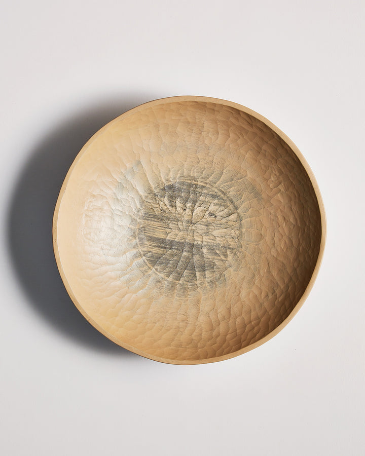 Top view of Large White Urushi Walnut Carved Bowl by Ryuji Mitani against white-gray background. Variation of brushstroke.