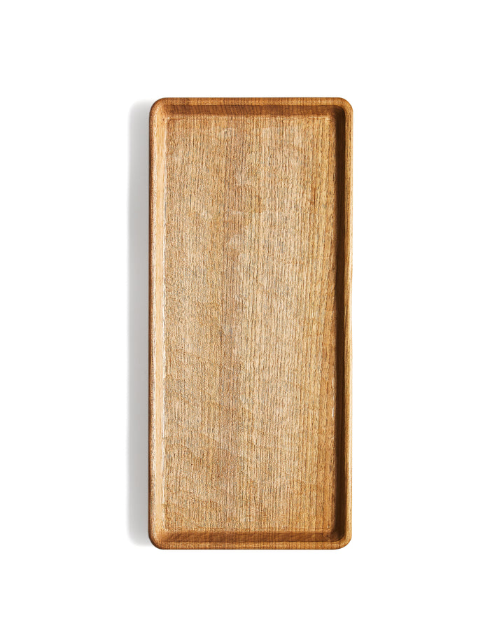 Zoomed out top view of Japanese Walnut Long Tray with Nano Glass Finish by Ryuji Mitani against white background.