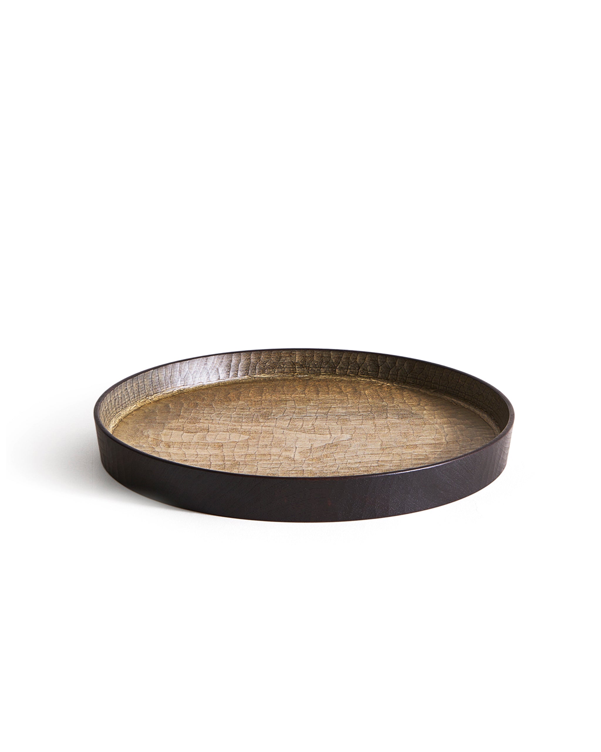 Wooden tray with black rim and beige interior by Ryuji Mitani on a white background