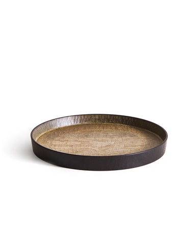 Wooden tray with black rim and beige interior by Ryuji Mitani on a white background