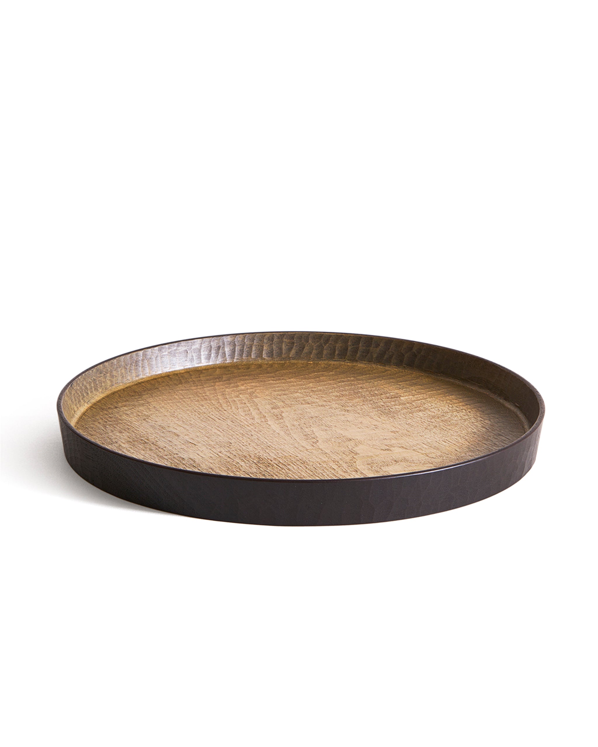 Round wooden tray with black rim by Ryuji Mitani on a white background