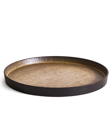 Round wooden tray with black rim and beige interior by Ryuiji Mitani on a white background