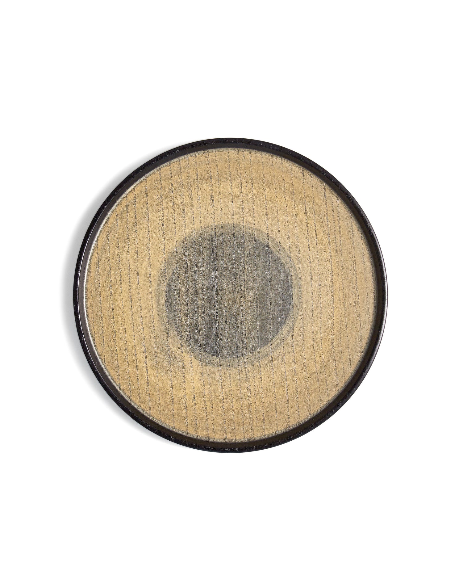Top view of Usuzumi Round Oak Tray by Ryuji Mitani against white background. Variation of brushstroke. 