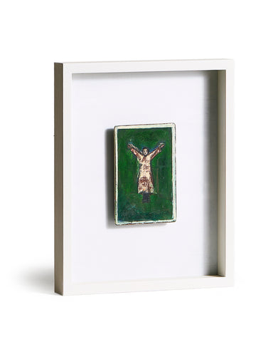 Framed artwork of a person in a dress with arms outstretched in a Y-shape on a green background