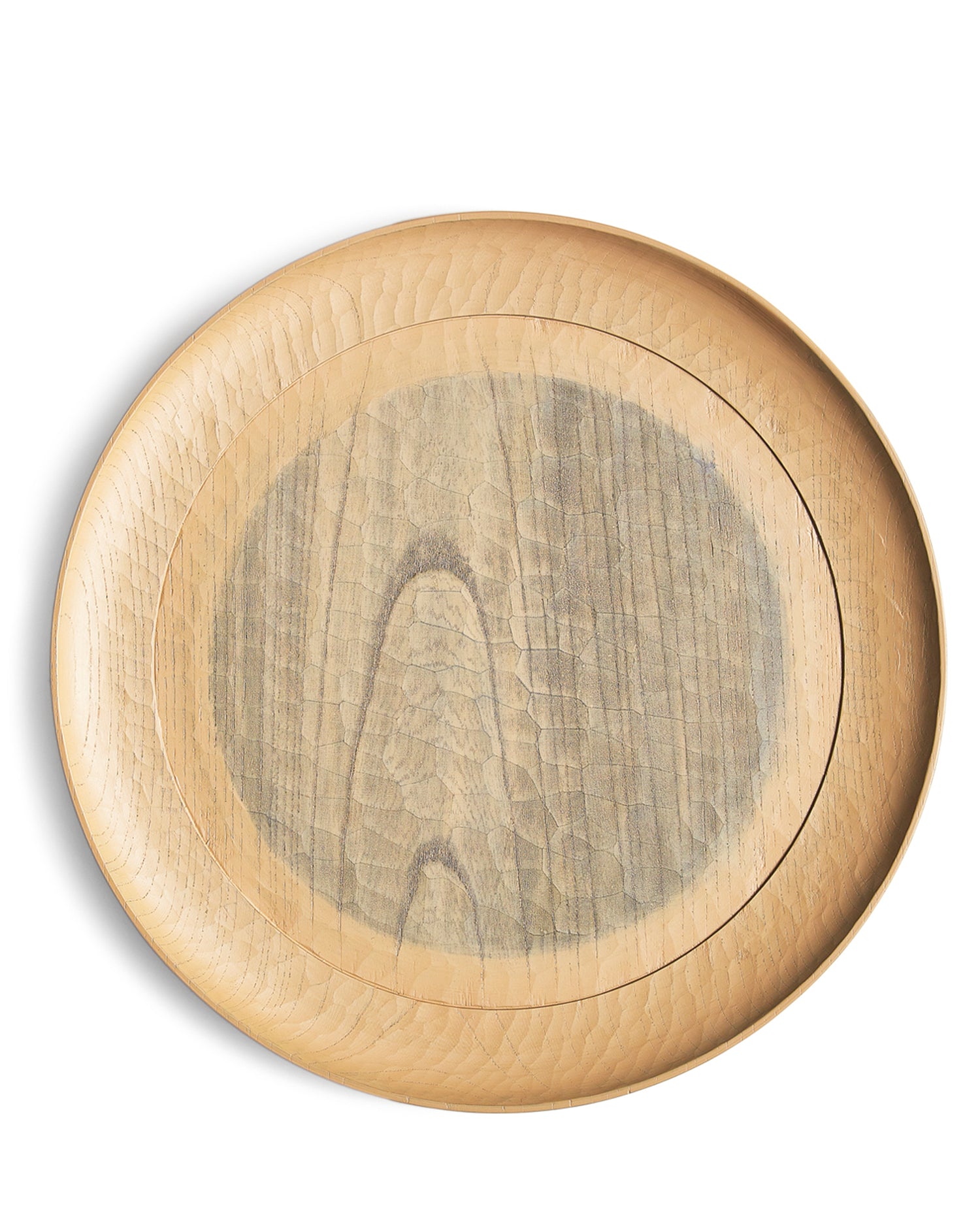 Round beige wooden plate with a gray circle center by Ryuji Mitani on a white background