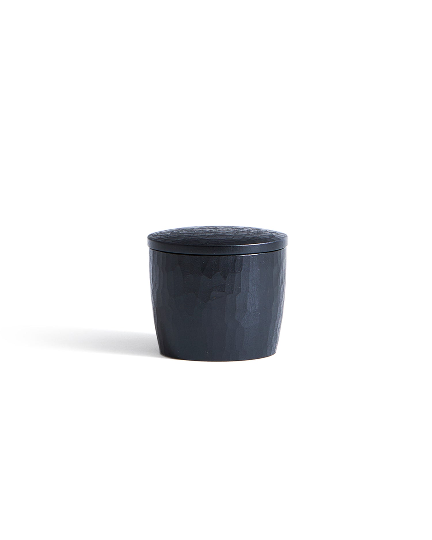 Black small wooden cup with lid by Ryuji Mitani on a white background