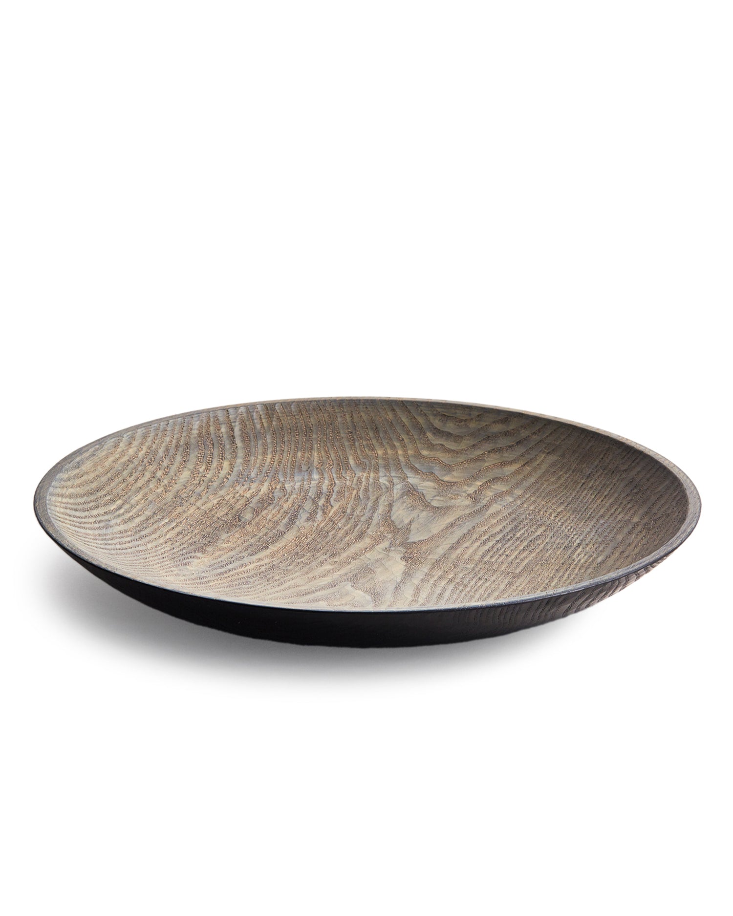 Round wooden bowl with a textured surface by Ryuji Mitani on a white background