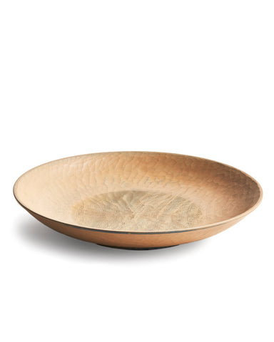 Beige wooden bowl with a darker painted center by Ryuji Mitani on a white background
