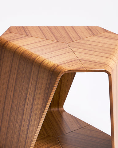 Up-close of a wooden stool by Tendo Mokko