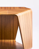 Up-close of a wooden stool by Tendo Mokko