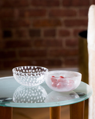 Two bowls are placed on top of a glass tabletop, with a red brick background. The small bowl one the left is a ten ten bowl and the one on the right is the brush bowl. The brush bowl has cherry tomatoes inside.