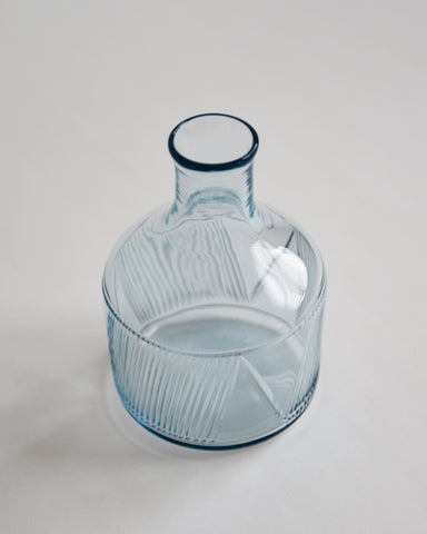 Top angled view of Factory Zoomer reclaimed blue carafe. 