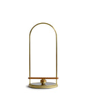 Silhouetted futagami brass paper towel holder with the wood towel holder on the bottom.