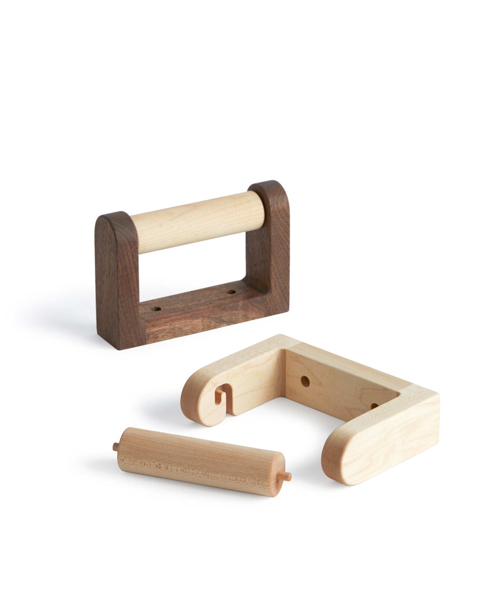 Maple and Walnut Wood toilet paper holder designed by Makoto Koizumi