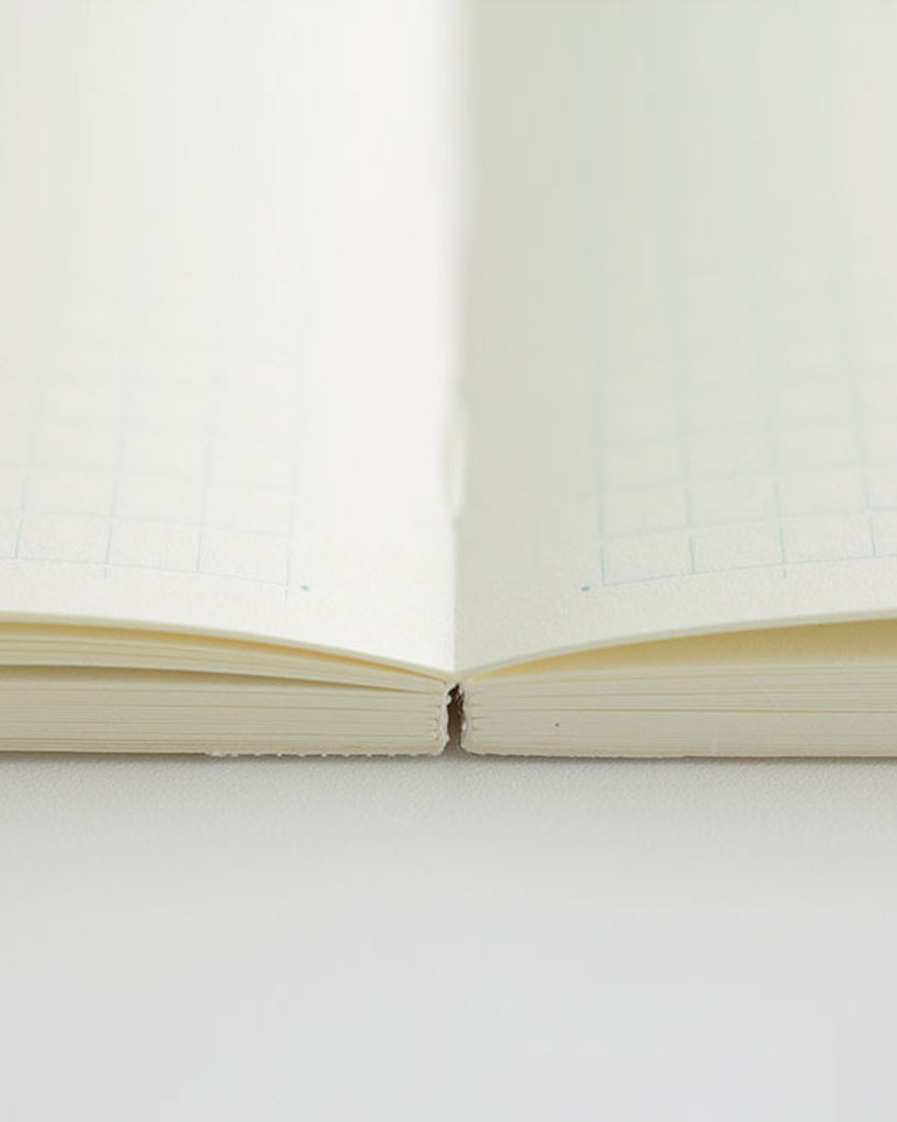 Cropped image focusing on the binding edge of the midori square grid a5 notebook.
