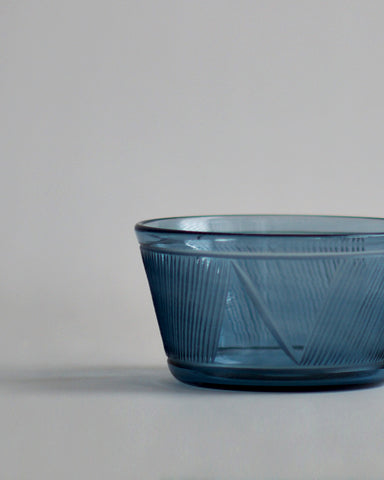 Cropped detail of the reclaimed blue bowl, featuring signature 'Factory Zoomer x Nalata Nalata' cut glass pattern.