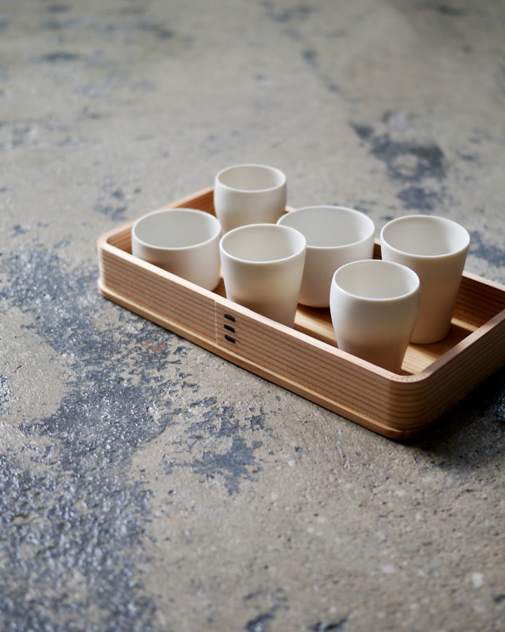 Rectangle Cedar Tray with white porcelain cups inside